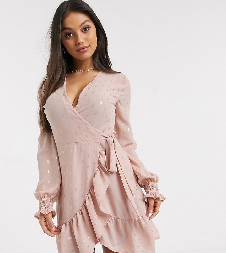 John Zack Petite Wrap Front Frilly Tea Dress In Pink Metallic Fleck Print