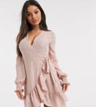 John Zack Petite Wrap Front Frilly Tea Dress In Pink Metallic Fleck Print