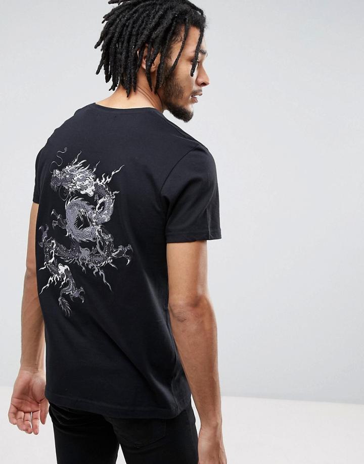 Brave Soul Back Embroidered Dragon T-shirt - Black