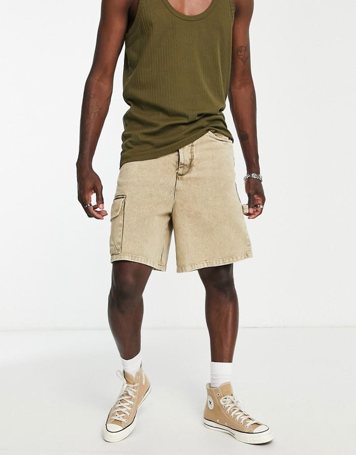 Asos Design Carpenter Boxy Shorts In Khaki Acid Wash-green