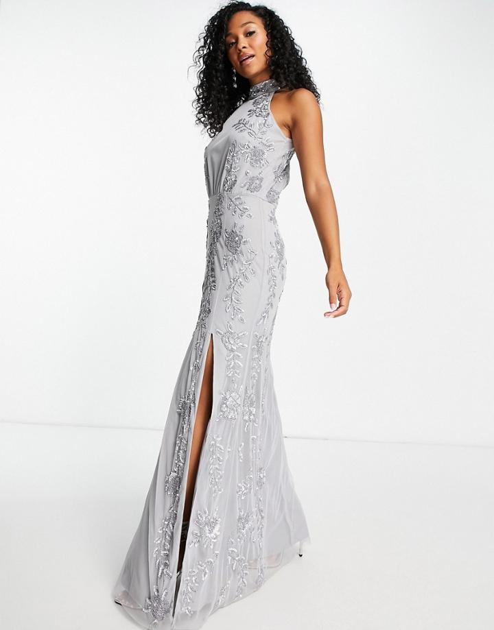 Little Mistress Floral Sequin Maxi Dress In Gray-grey