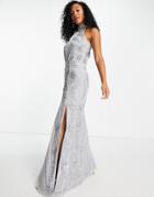Little Mistress Floral Sequin Maxi Dress In Gray-grey