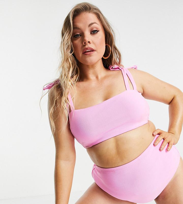 Asos Design Curve Terry Cloth Tie Shoulder Crop Bikini Top In Pink