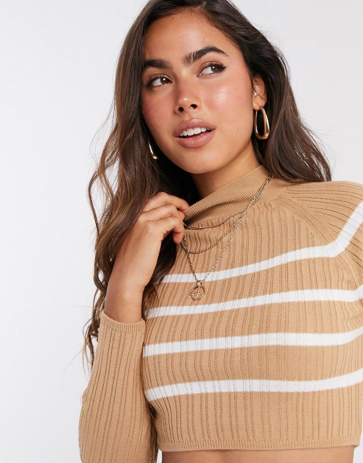 Asos Design Crop Sweater With High Neck In Camel Stripe - Part Of A Set-neutral