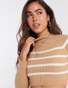 Asos Design Crop Sweater With High Neck In Camel Stripe - Part Of A Set-neutral