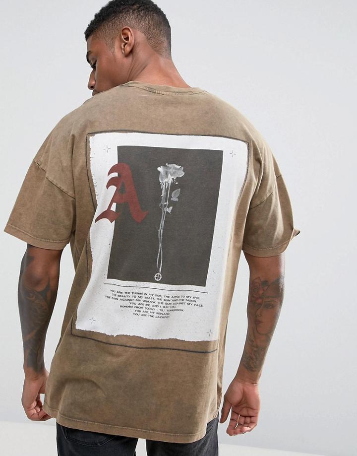Asos Oversized T-shirt With Acid Wash & Back Rose Print - Brown