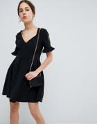 Asos Design Mini V Neck Smock Dress With Frill Cuff - Black