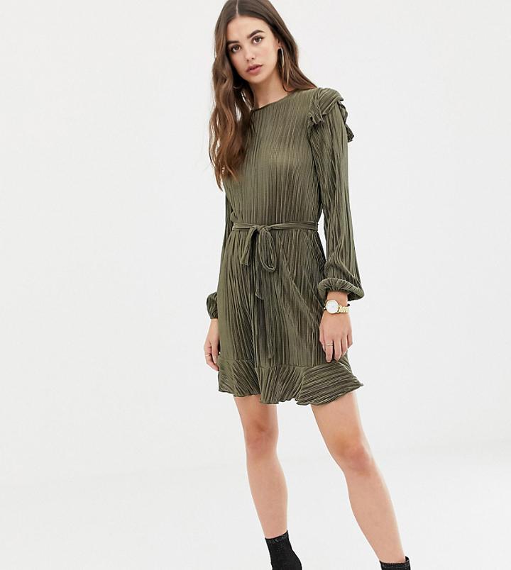 Asos Design Tall Long Sleeve Frill Belted Plisse Dress - Green