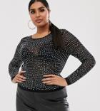 Asos Design Curve Mesh Top With Crystal Studs-black