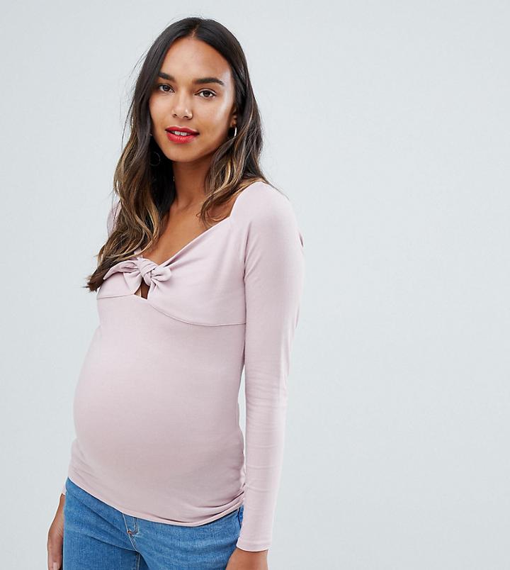 Asos Design Maternity Long Sleeve Top With Tie Front Detail-pink
