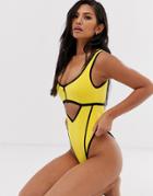 Asos Design Zip Front Swimsuit With Contrast Bind In Yellow