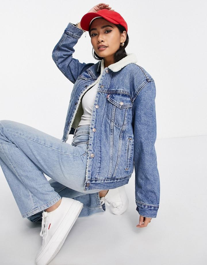 Levi's Ex Boyfriend Sherpa Trucker Jacket In Mid Wash Blue-blues