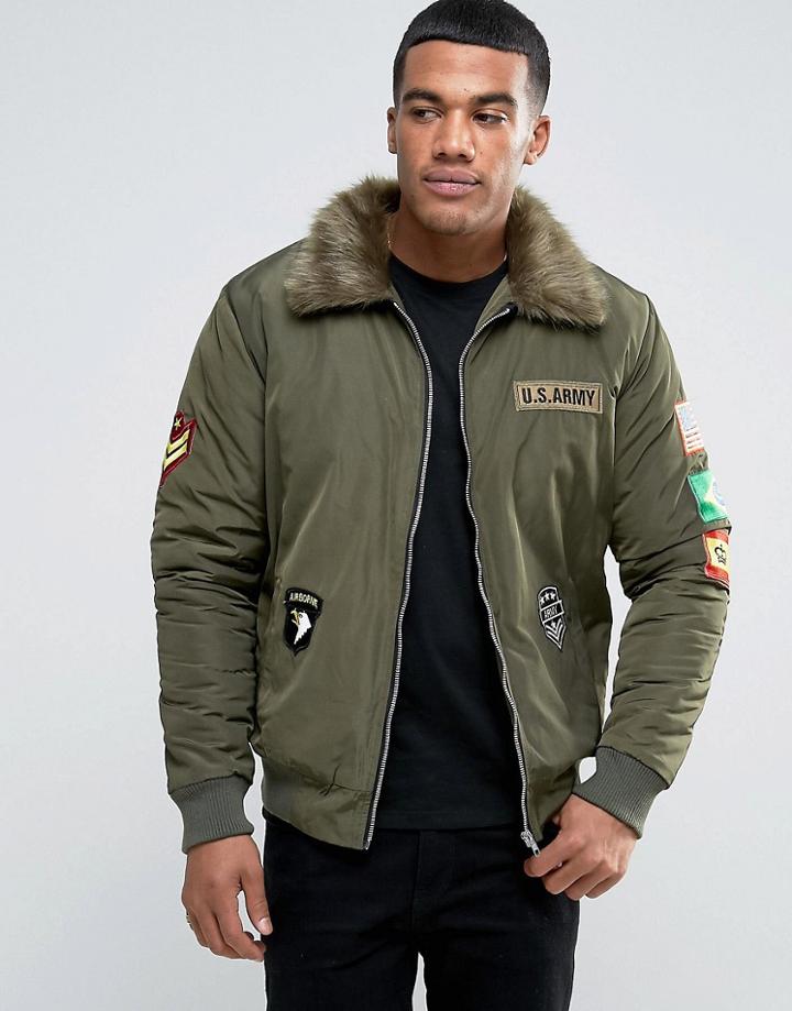 Liquor & Poker Faux Fur Collar Badge Bomber - Green