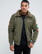 Liquor & Poker Faux Fur Collar Badge Bomber - Green