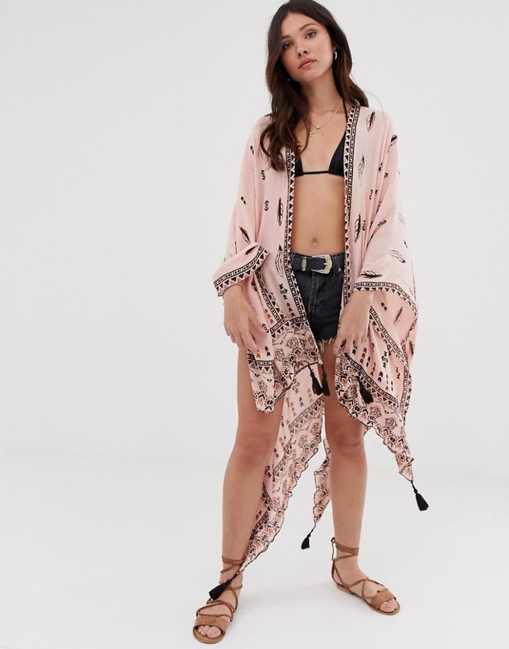 Asos Design Printed Border Kimono Cape With Tassels - Pink