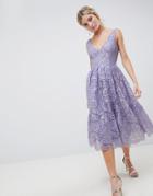 Asos Design Lace Plunge Neck Midi Prom Dress-purple
