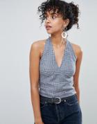 Current Air Fitted Check Halterneck Top-navy