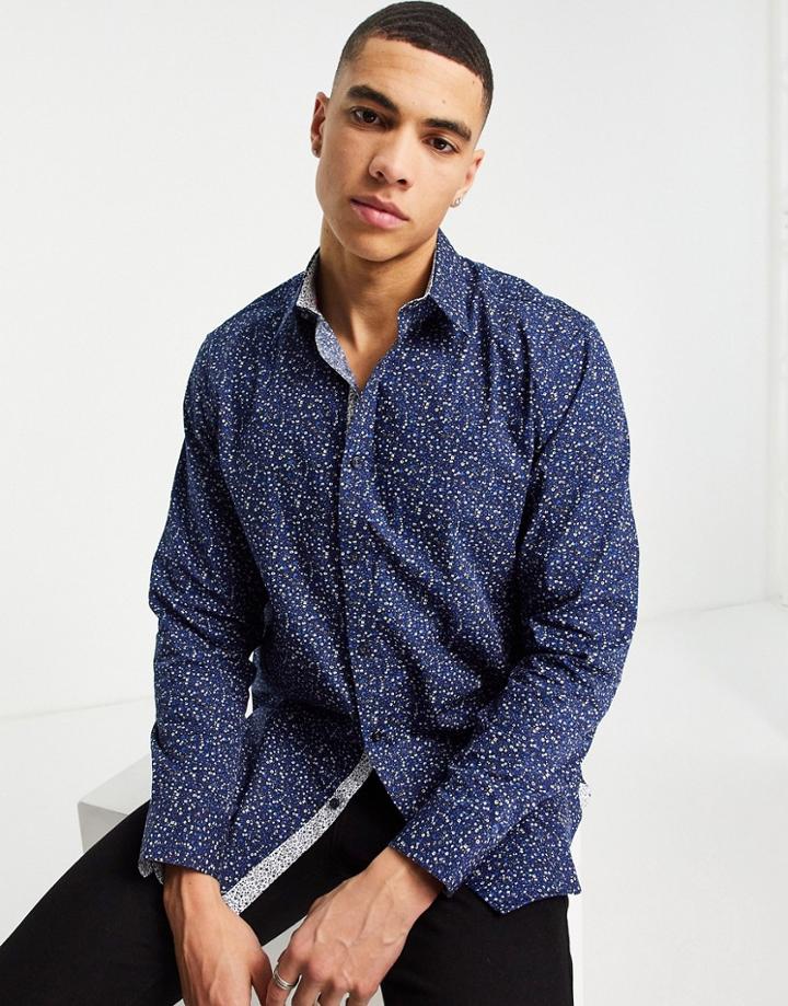 Ted Baker Micro Floral Regular Fit Shirt In Navy