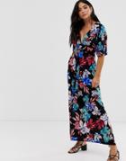 Qed London Kimono Sleeve Maxi Dress In Floral Print-multi