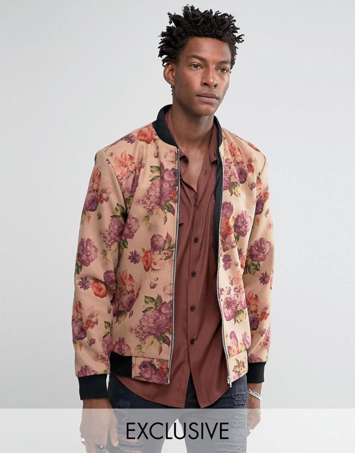 Reclaimed Melton Bomber Jacket In Floral Print - Stone