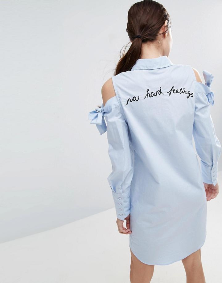 Asos Shirt Dress With Oversized Cuff & Embroidery Detail - Blue