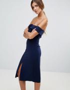 True Decadence Premium Bardot Scuba Pencil Dress With Knot Front Detail-navy
