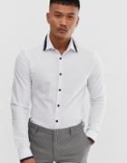 Asos Design Skinny Fit Textured Work Shirt With Collar Detail & Contrast Buttons-white