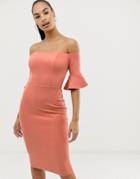 Club L Bardot Sleeve Detail Bodycon Dress - Pink