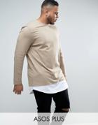 Asos Plus Super Longline Long Sleeve T-shirt With Double Layer Curve Hem In Beige - Gray