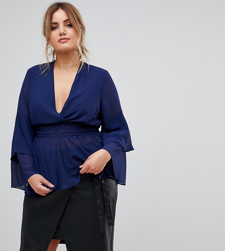 Tfnc Plus Wrap Front Chiffon Top With Fluted Sleeve - Navy