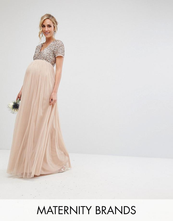 Maya Maternity V Neck Maxi Tulle Dress With Tonal Delicate Sequins - Brown