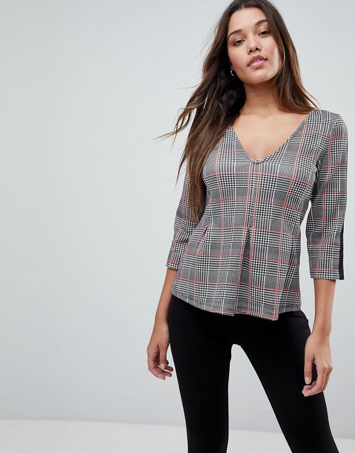 Asos Peplum Top With V Neck In Check - Black