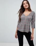 Asos Peplum Top With V Neck In Check - Black