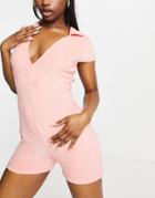 Asos Design Zip Through Romper In Towelling In Peach-pink