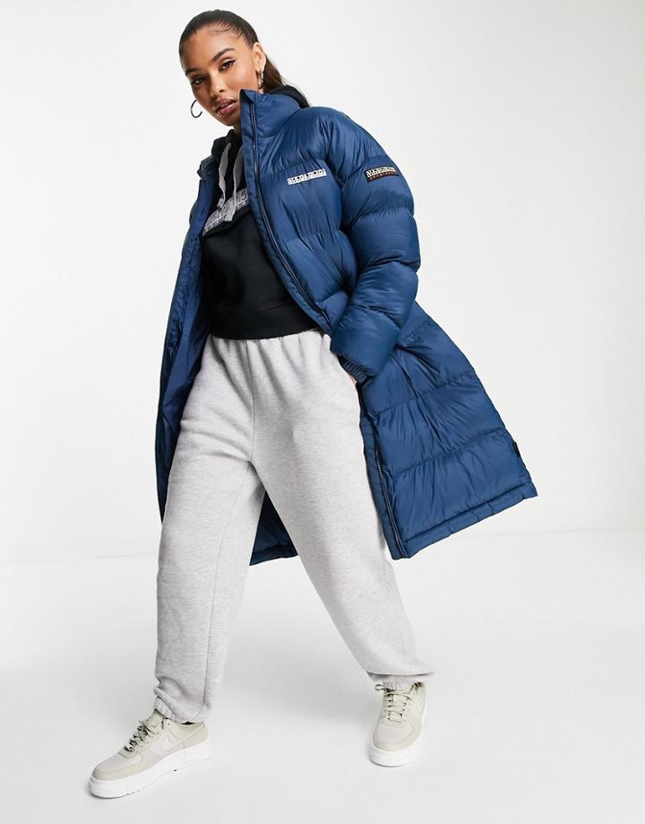 Napapijri Box Long Lined Puffer Coat In Blue-blues