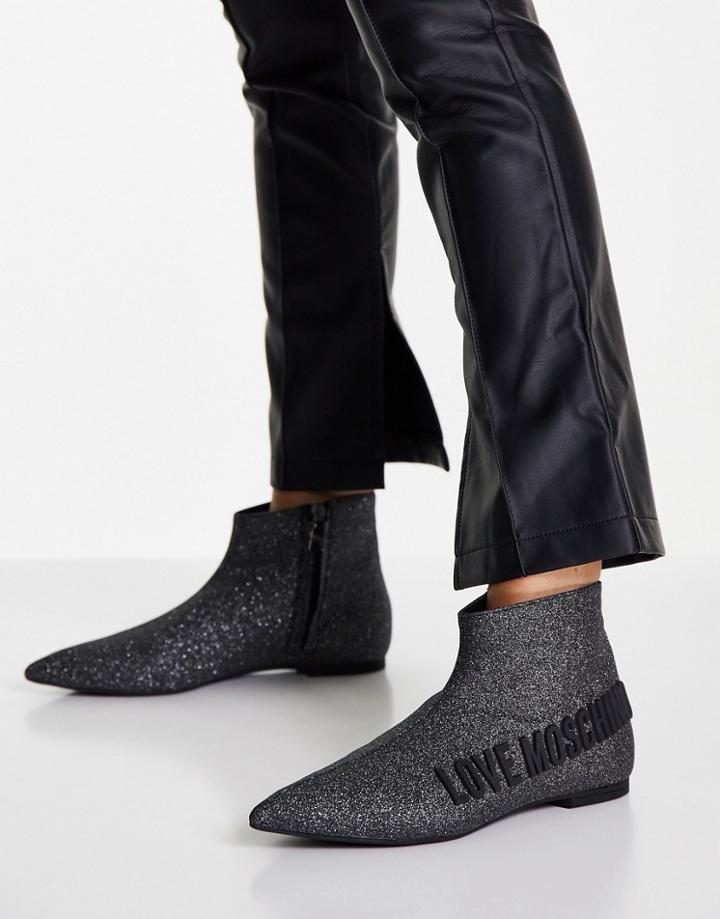 Love Moschino Pointed Low Ankle Boots In Gray Glitter
