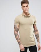 Asos Longline Muscle T-shirt With Cowl Neck In Beige - Beige