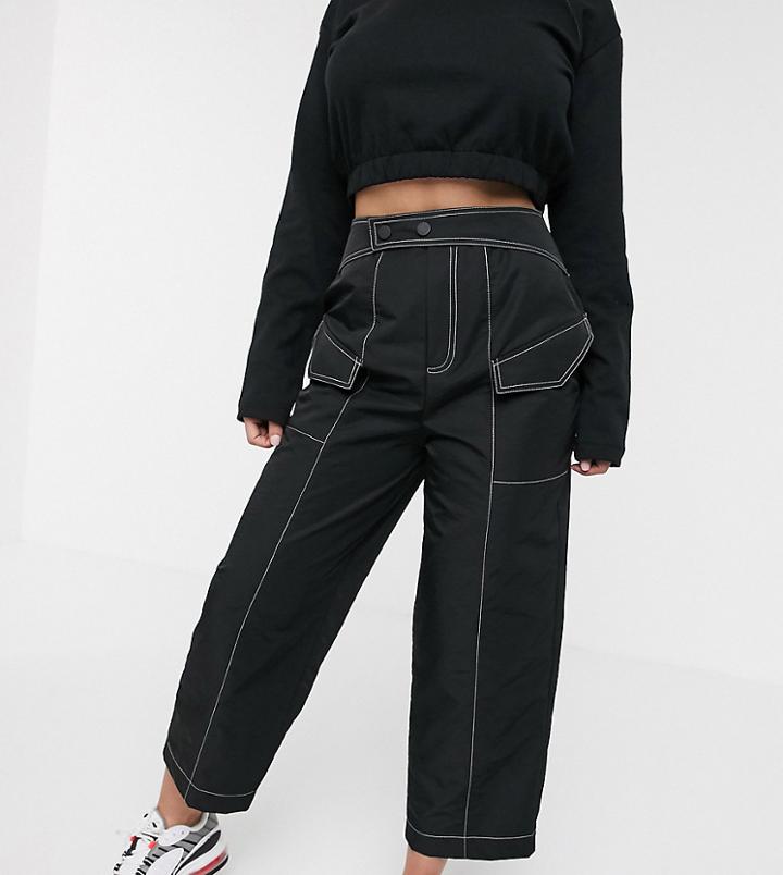 Asos Design Petite Technical Pant With Contrast Topstitch And Extended Waist Band - Black