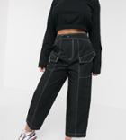 Asos Design Petite Technical Pant With Contrast Topstitch And Extended Waist Band - Black