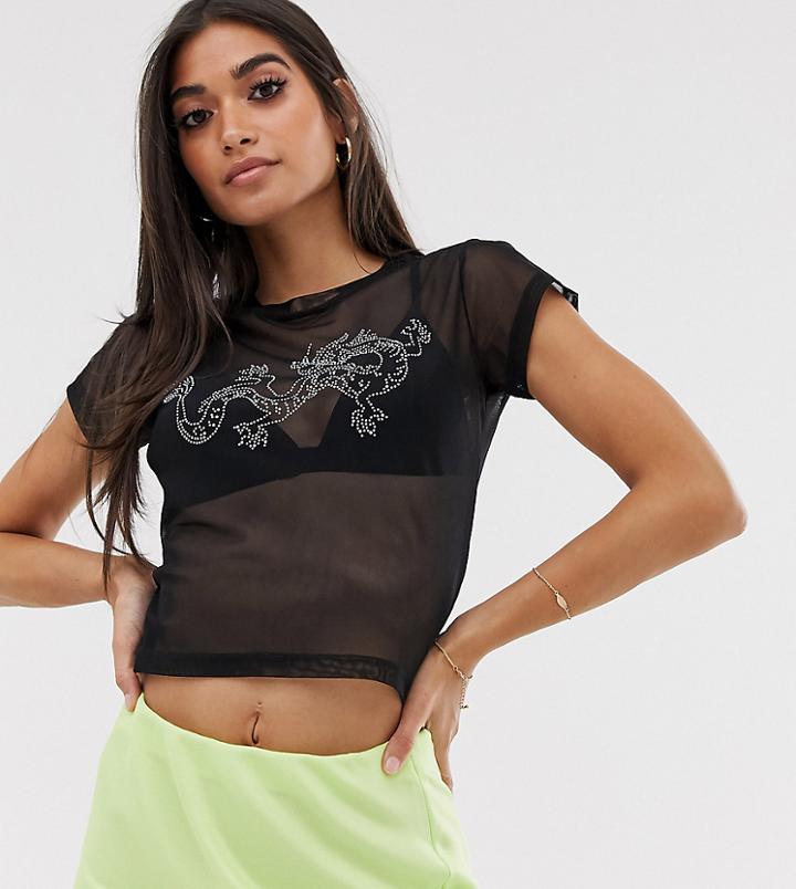 Asos Design Petite T-shirt With Iridescent Stud Dragon Motif-black