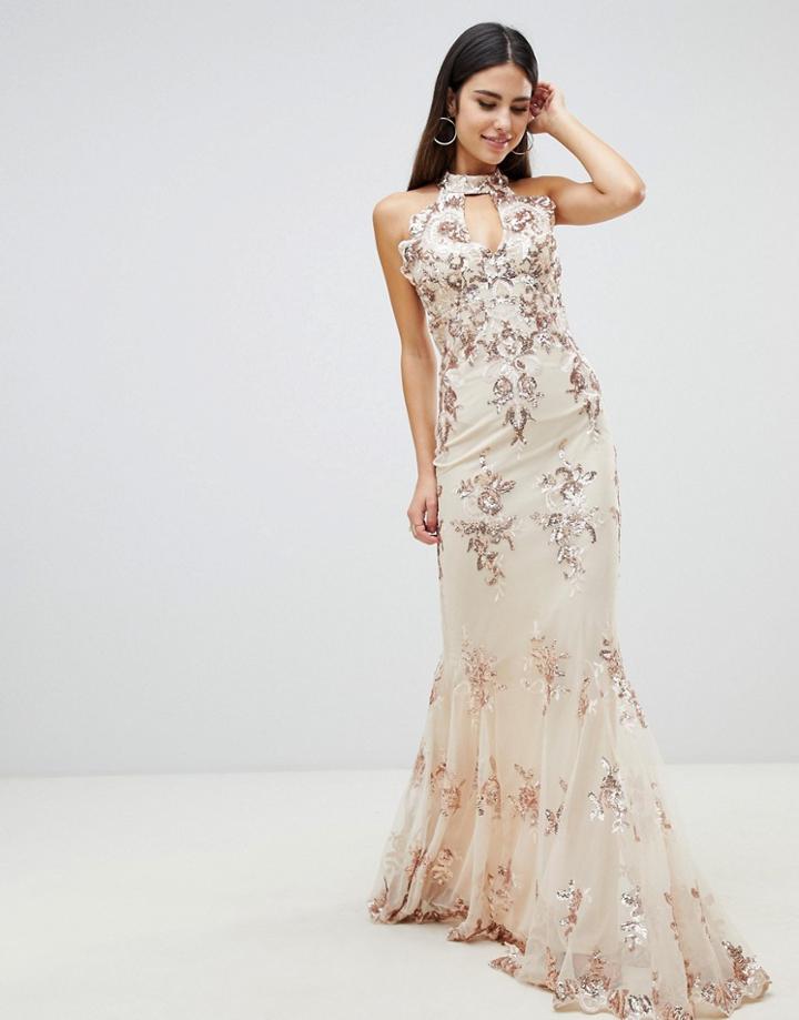 Goddiva Maxi Dress With Gold Embellishment In Cream - Multi