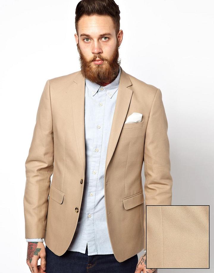 Asos Slim Fit Blazer In Cotton - Stone