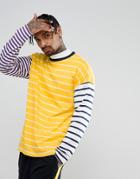 Asos Oversized Long Sleeve T-shirt With Contrast Sleeve Stripes - Yellow