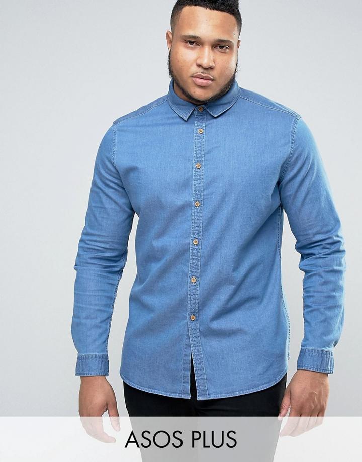 Asos Plus Skinny Denim Shirt In Mid Wash - Blue