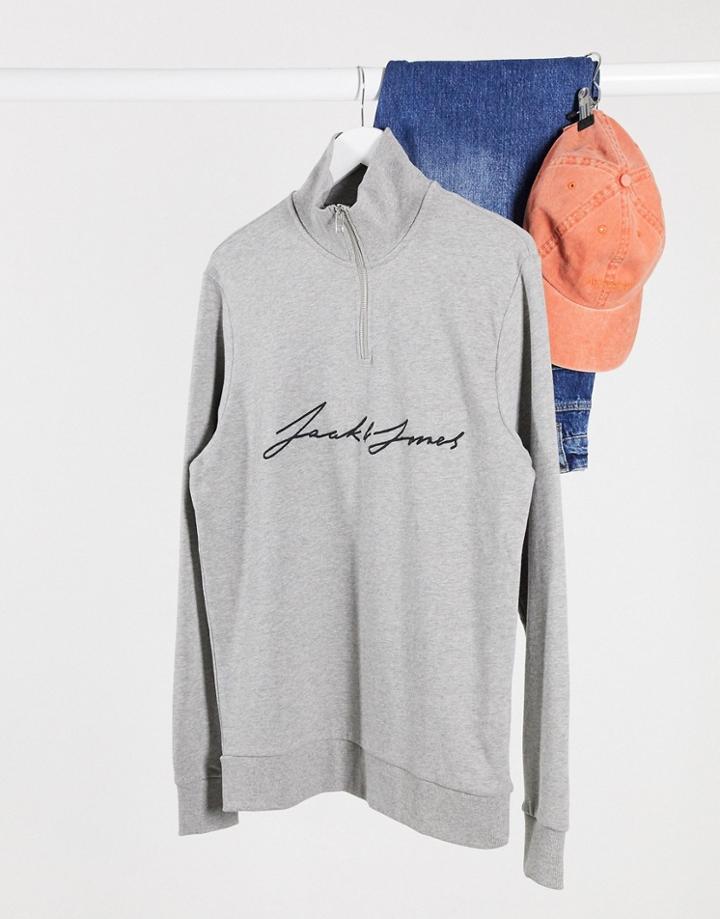 Jack & Jones Quarter-zip Sweat With Front Scripted Text-grey
