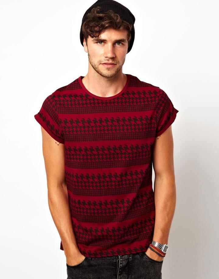 Asos Stripe T-shirt With Houndstooth Pattern - Red