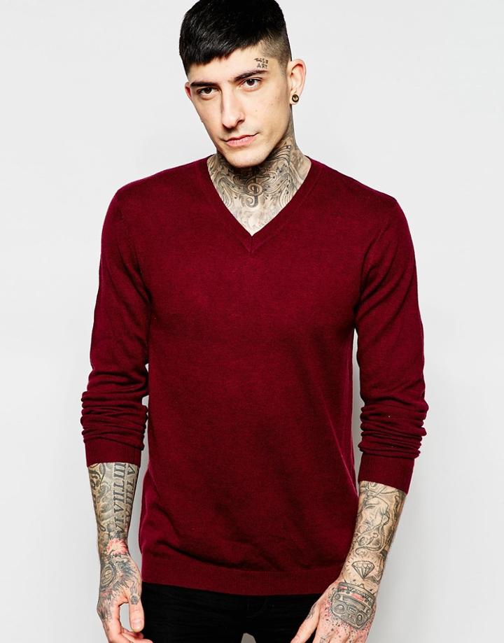 Asos Merino V Neck Sweater - Damson