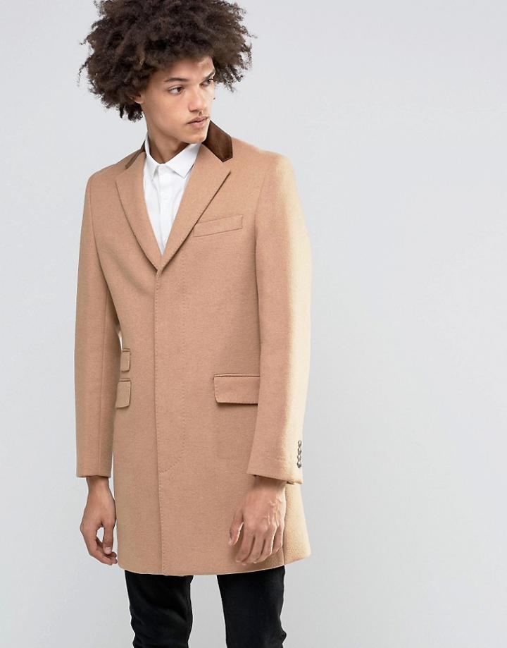 Feraud Premium 80% Italian Melton Wool Coat With Velvet Collar - Tan