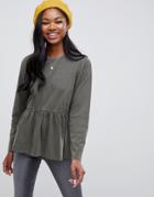 Asos Design Smock Top With Long Sleeve In Wash - Green