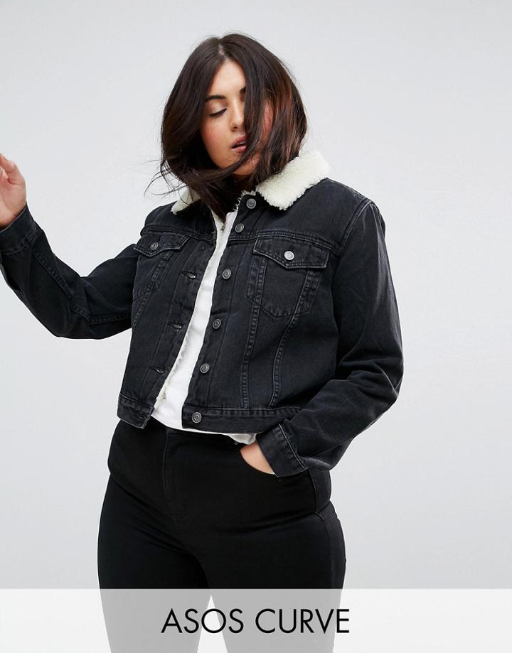 Asos Curve Denim Shrunken Borg Jacket In Washed Black - Black